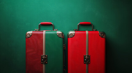 Two trendy vintage travel suitcases on red and green split background. Top view. Travel concept. Generative AI