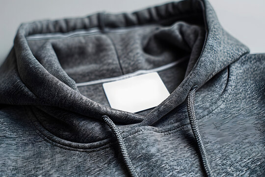 Grey hooded sweatshirt with blank colar label for brand logotype