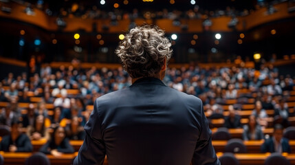 Fototapeta premium Male motivational speaker on stage in front of audition having presentation.