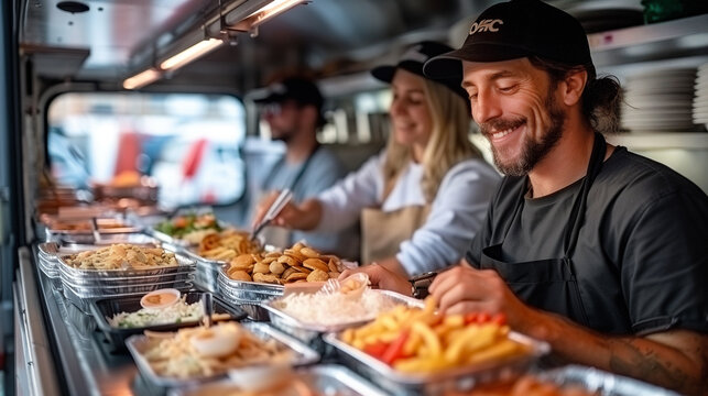 people ordering food at counter in food truck outdoor, day time