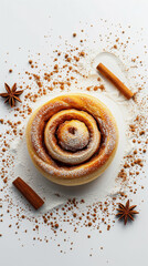 Freshly baked cinnamon bun roll with sugar and flour. Aesthetic food advertising concept. Generative AI