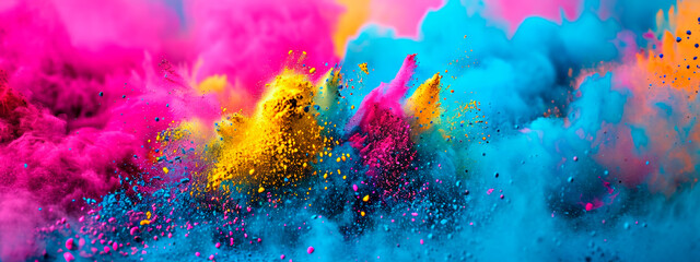 Fototapeta na wymiar Vibrant Holi Festival Colors Explosion with Greetings.