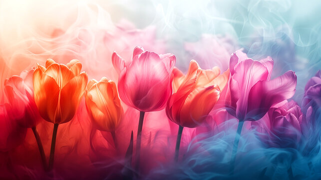 spring banner, background for postcards made of tulips made in painting style for sale booklets