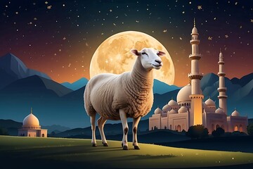 Sheep in front of mosque at night graphic design. Eid ul Azha concept illustration - obrazy, fototapety, plakaty