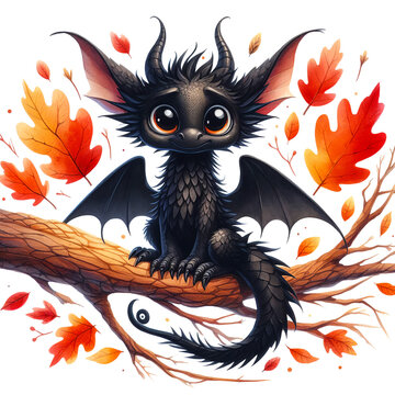 An endearing black dragon with large eyes sits on a branch amidst falling autumn leaves.