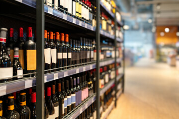 Liquor store concept. Wine bottles on shelves in the wine shop.