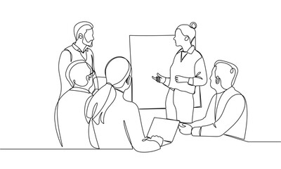 Continuous line of a group of business people having a discussion. Creative business team brainstorming on a new project. Project presentation. One line vector illustration