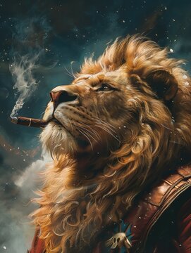 a high-definition 4k image capturing a lion in mafia fashion cigar included