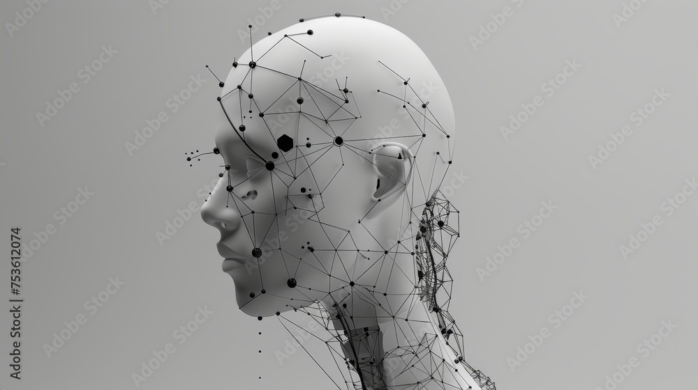 Poster white robot connecting in a digital network space, 3d render with floating dots and lines