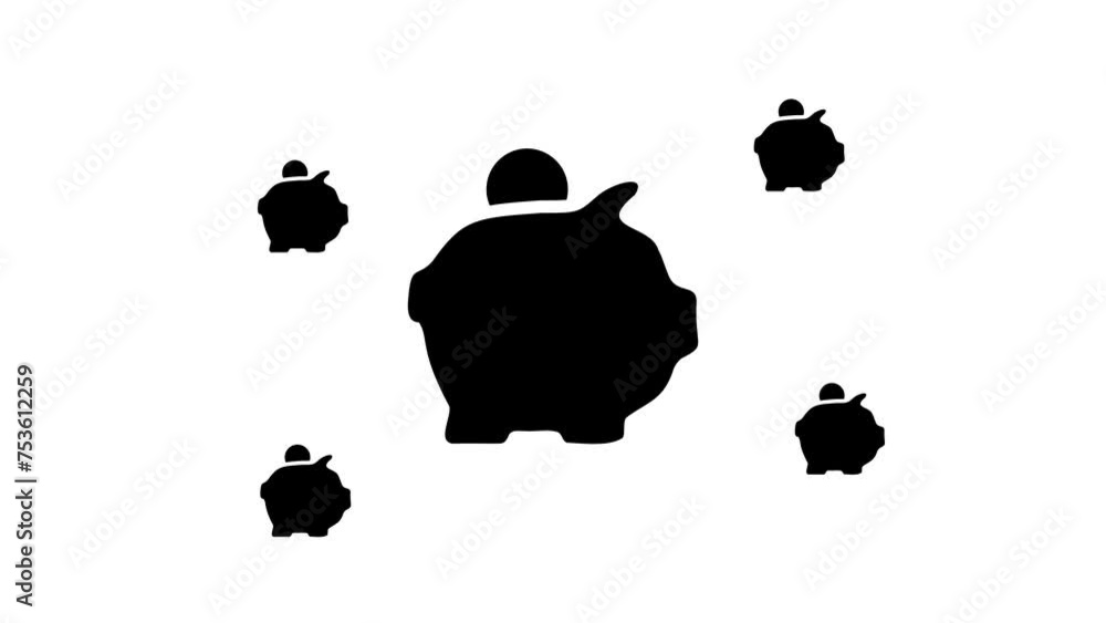 Poster zoom in and out animation the piggy bank symbol. large black symbol in the center and four small sym