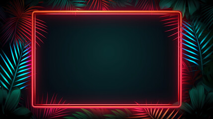 Neon frame with tropical palm leaves