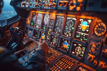 Focused pilot operating advanced aircraft cockpit during flight - obrazy, fototapety, plakaty