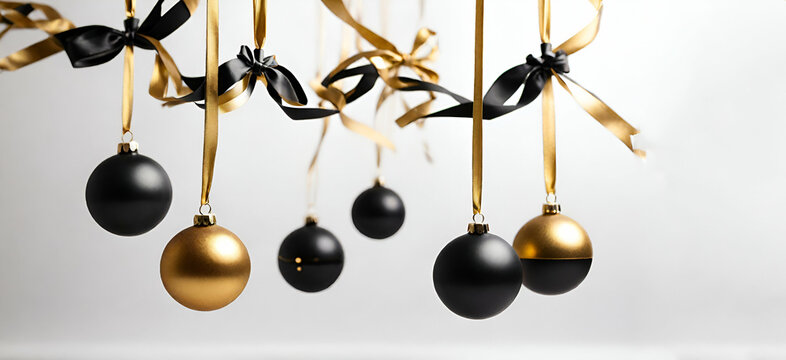 Gift ribbon golden. Black baubles, golden balls in Christmas decoration on white background for greeting card.generative by ai.