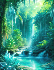 painting of a waterfall in a tropical jungle with a waterfall in the background