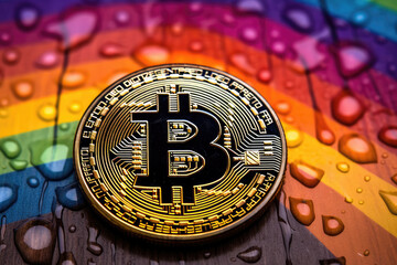 Bitcoin logo on colorful rainbow background