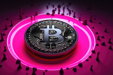 Black bitcoin logo on pink background