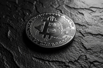 Black matte bitcoin logo on black stone surface