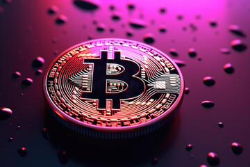 Bitcoin logo in pink tones with water drops