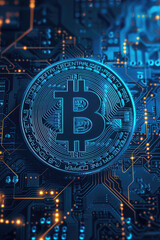 Blue glowing bitcoin logo placed on circuit board