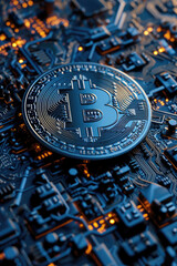 Blue glowing bitcoin logo placed on circuit board