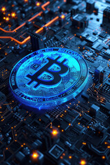 Blue glowing bitcoin logo placed on circuit board
