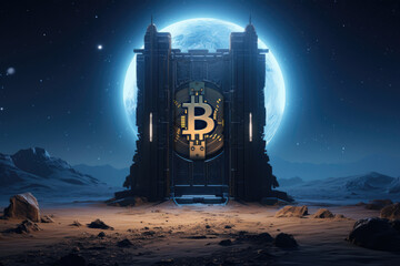 Bitcoin logo found on dark tower in moon lights