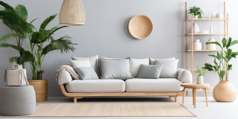 Modern home decor with grey sofa, pouf, basket, shelf, mirror, plants, carpet, pillows, and elegant accessories.