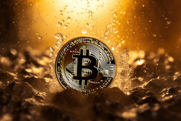 Golden Bitcoin logo under the water in orange lights