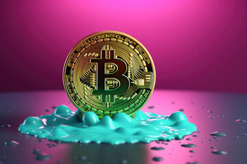 Golden bitcoin logo on green and pink liquid background