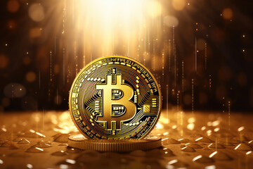 Bitcoin logo under rain in orange lights