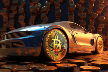 Concept golden car with bitcoin wheels