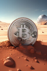 Silver disk found on some planet with bitcoin logo on it