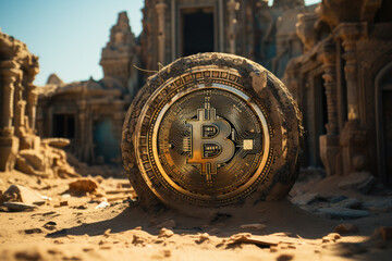 Ancient metallic disk with bitcoin logo on it