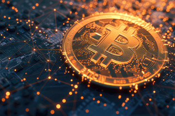 Orange bitcoin logo placed on circuit board with glow lights