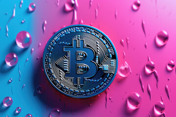 Bitcoin logo on pink and blue gradient background