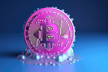 Pink Bitcoin logo on blue water drops background