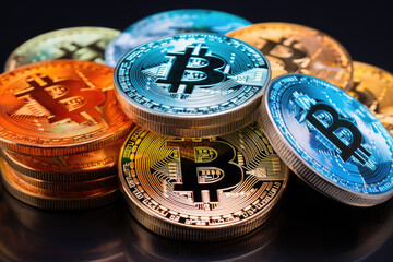 Colorful Bitcoins scattered on dark background