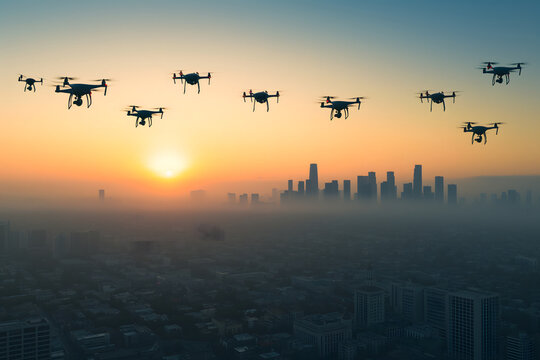Group of drones over city at summer sunset or sunrise. Neural network generated image. Not based on any actual scene or pattern.