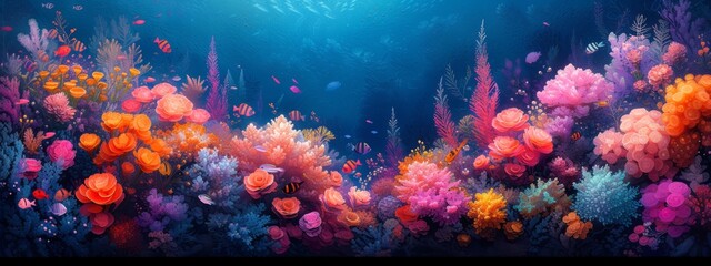 The fish are colorful and coral reefs, dark navy and light magenta, digital airbrushing, tranquil gardenscapes, patterns, colorful animations.