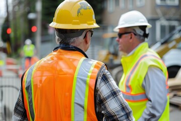 Construction professionals in high visibility vests at work site