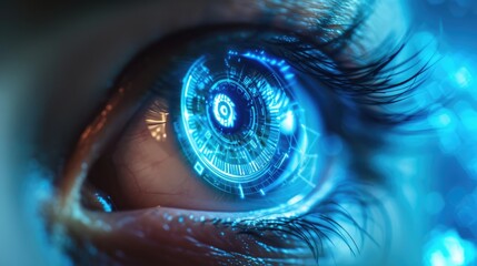 Closeup of a human eye with virtual hologram elements 