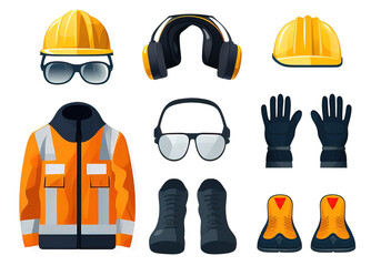 Icon set of personal protective equipment for safety at work isolated over white background. Personal clothing protection pack in flat style. PPE or personal protection equipment concept.