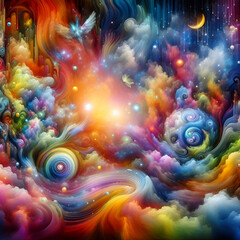 A psychedelic dreamscape, with swirling patterns of bright colours and surreal elements like floating clouds and fantastical creatures, evoking a sense of wonder and imagination