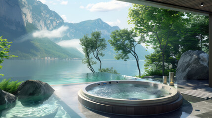 A modern circular hot tub on a terrace with a breathtaking view of a misty lake and mountains, flanked by trees and rocks. - obrazy, fototapety, plakaty