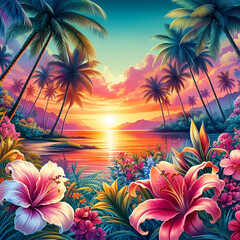 Fototapeta na wymiar A tropical paradise, with palm trees swaying in the breeze, exotic flowers in full bloom, and a vivid sunset casting warm hues across the horizon