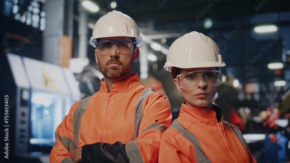 Wall mural confident plant engineers posing manufacturing workshop in helmets close up.