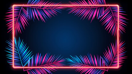 Fototapeta na wymiar Neon frame with tropical palm leaves