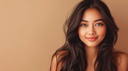 Naklejka premium Flawless Tresses: Smiling Woman, Hair Care Banner 