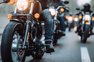 Thousands of bikers rev their engines in a thrilling motorcycle parade, showcasing their helmets and gear at the biker show.