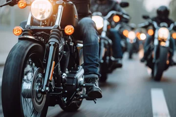 Foto op Canvas Thousands of bikers rev their engines in a thrilling motorcycle parade, showcasing their helmets and gear at the biker show. © tonstock